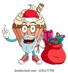 Santa claus of vanilla cupcake cartoon character carry a bag full of gift box with funny smile face