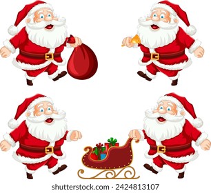 Santa Claus in various cheerful poses with gifts.