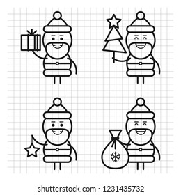 Santa Claus in various poses. Drawn lines. Character set. Vector Illustration.