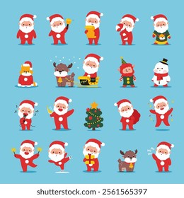 Conjunto de personajes de Navidades de dibujos animados de Vector de Santa Claus aislados en el fondo.