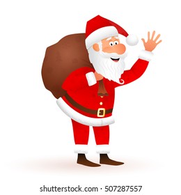 Santa Claus vector cartoon illustration. Flat funny old man character carrying sack with gifts, waving hand isolated on white background. Christmas decoration design.