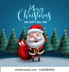 Santa claus vector character carrying bag of christmas gifts with merry christmas text greeting and christmas trees element in blue background. Vector illustration.
