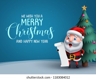 Santa claus vector character in a christmas tree reading a wish list with merry christmas greeting in a blue background. Vector illustration.
