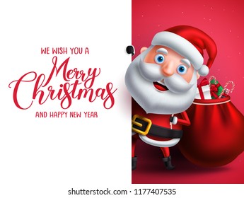 Santa claus vector character holding gifts with merry christmas greeting in white empty space for christmas wish list. Vector illustration.
