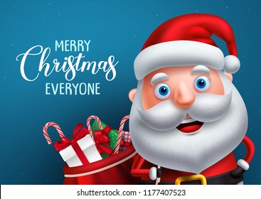 Santa claus vector character and merry christmas greeting in a blue background banner. Santa claus carrying bag of gifts while talking. Vector illustration.
