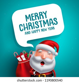 Santa claus vector character with merry christmas greeting text in white speech bubble in blue background. Christmas template vector illustration.
