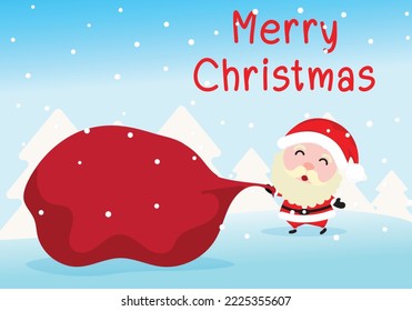 El personaje vectorial de Santa Claus y el alegre saludo de navidad con un cartel de fondo azul, Santa Claus, está arrastrando una gran bolsa de regalo en un día nevado. ilustración vectorial