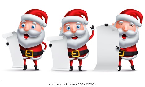 Santa claus vector character set holding blank white paper of christmas wish list and gifts with happy facial expressions and postures for christmas elements. Vector illustration.
