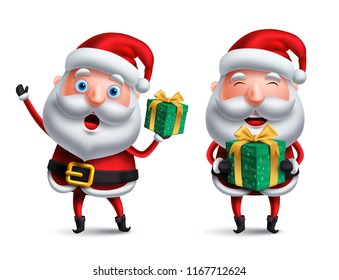Santa claus vector character set holding and giving christmas gift with surprise and happy face isolated in white background for christmas elements. Vector illustration.
