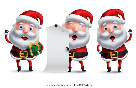 Santa claus vector character set holding christmas gift and blank wish list while waiving hand with happy smile isolated in white for christmas design elements. Vector illustration.
