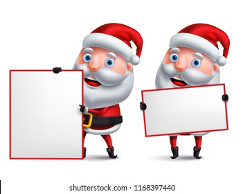 Santa claus vector character set holding empty white board with space for text and christmas greeting with a happy smile for christmas elements isolated in white. Vector illustration.
