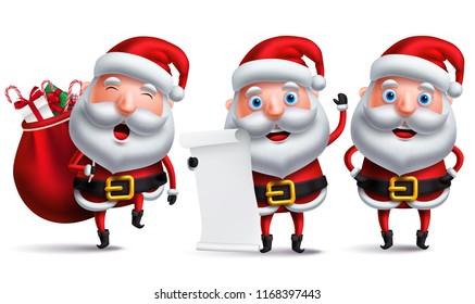 Santa claus vector character set holding christmas wish list and carrying sack of gifts and present isolated in white background for christmas design elements. Vector illustration.
