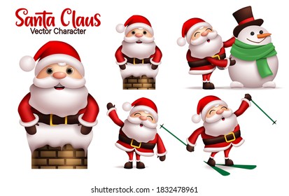 Juego de caracteres vectoriales de Santa claus. Personajes de Santa claus en diferentes actividades al aire libre de invierno como patinaje y jugar snowman para la temporada de vacaciones 3d diseño realista. Ilustración vectorial.