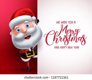 Santa claus vector character showing white board with merry christmas greeting. Christmas background template with space for text vector illustration.
