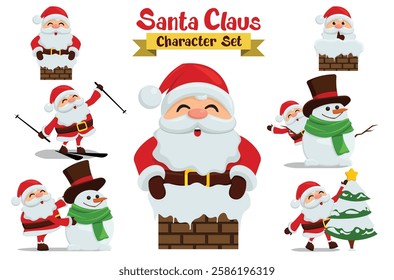 Santa claus vector characters set. Santa cartoon christmas character in snow winter activity like skating, making snow man and christmas tree isolated for xmas collection design. Vector illustration
