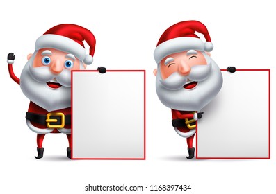 Santa claus vector christmas character set holding blank white board for text and christmas greeting with happy smile isolated in white background. Vector illustration.
