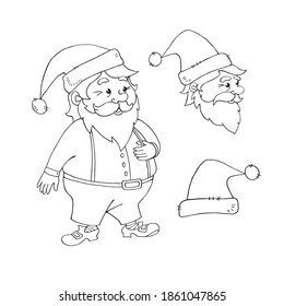 Santa Claus. Vector contour hand drawn illustration. New year and Christmas outline characters in doodle style, sketch. For greeting cards, calendars, prints, children's coloring book