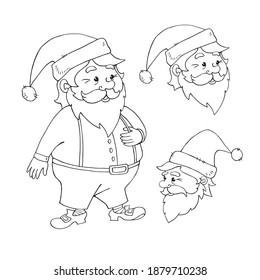 Santa Claus. Vector contour hand drawn illustration. New year and Christmas outline characters in doodle style, sketch. For greeting cards, calendars, prints, children's coloring book