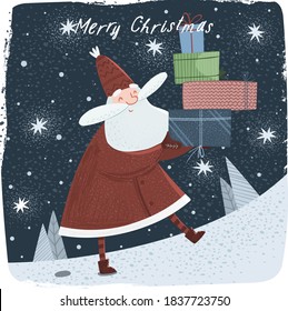 Santa Claus! Vector cute illustration of a cheerful character with gifts walking under the stars on a winter night. Drawing for a holiday postcard and card. Merry Christmas and Happy New Year