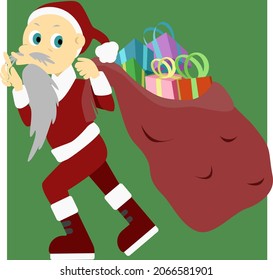 Santa Claus in vector in flat style. Christmas character with bag of gifts. Santa color icon in vector. Christmas decoration. 