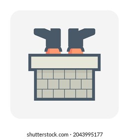 Santa claus vector icon. That is people with costume to get stuck in chimney at roof, rooftop of house to bring gifts, toys and candy to children at night of christmas eve, winter season or december.
