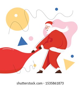 Santa Claus vector illustration with a abstract geometric background / Santa with a huge bag