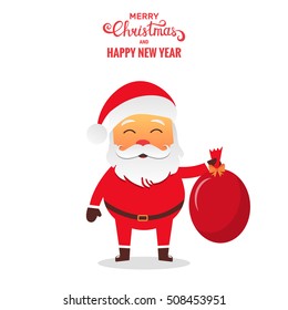 Santa Claus vector illustration . Santa cartoon character holding red bag with bow