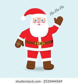 Santa Claus. Vector illustration of a cheerful cute Santa Claus waving his hand with the inscription Ho-Ho-Ho.