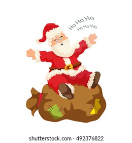 Santa Claus. Vector illustration of Santa Claus, he is sitting on a bag of gifts. Isolated on white background