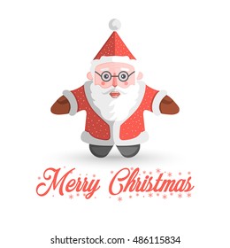 Santa Claus vector illustration on white background with text Merry Christmas. Cartoon winter holidays character illustration for greeting card background poster.
