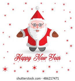 Santa Claus vector illustration on white background with text Happy New Year. Santa with falling snowflakes. Cartoon winter holidays character illustration for greeting card background poster.