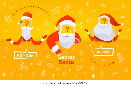 Santa Claus vector illustration. Secret santa banner. Three  secret Santa.