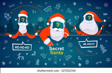 Santa Claus vector illustration. Secret santa banner. Three  secret Santa.