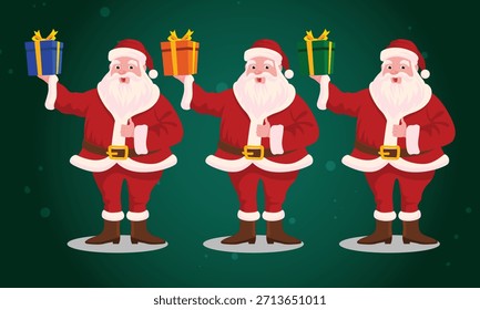 Santa Claus vector illustration set featuring various styles, poses, and facial expressions. This collection shows Santa in different emotions such as happy, laughing, surprised, angry, sad, and cheer