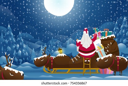 Santa claus vector on snow back ground.Santa claus with Reindeer in christmas day.Christmas vintage card and happy new year.