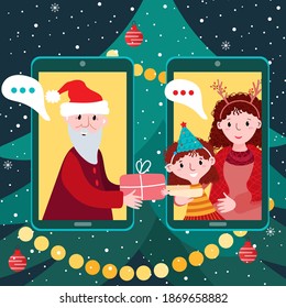 Santa Claus video calling kid girl on phone.  Christmas gift box in virtual online chat meeting. Remote meet children and Grandpa. Social Distancing on Holidays.