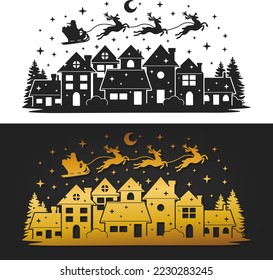 Santa Claus Village silhouette vector design. Christmas Decoration, Clipart Cut File Scene.