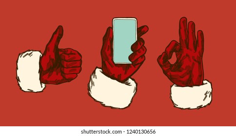 Santa Claus vintage hand gestures - thumb up, ok sign and hand with smartphone - Powered by Shutterstock - Get 15% off with code: PIKWIZARD15