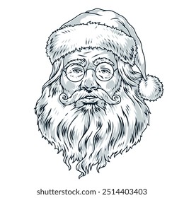 Santa Claus vintage label monochrome with face of saint nicholas symbolizing Christmas and new year celebrations vector illustration