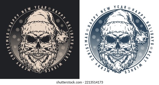 Santa Claus vintage monochrome flyer face old wizard in form of skull with beard wishing you merry Christmas vector illustration