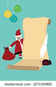 Santa Claus with a vintage scroll paper and feather pen for his gift giving tradition checklist. Editable Clip Art.