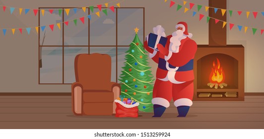 Santa Claus visit flat vector illustration. Old bearded man, Xmas symbol character in red costume placing present under Christmas tree. Winter season festive mood in cozy room with fireplace, garlands