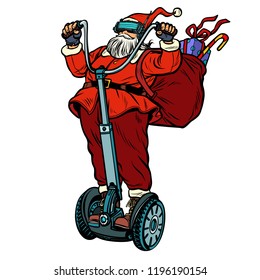 Santa Claus in VR glasses, with Christmas gifts rides an electric scooter. Virtual reality. Isolate on white background. Pop art retro vector illustration vintage kitsch