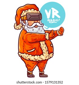 Santa Claus in VR helm. Santa Claus in virtual reality glasses. Poster of Christmas sales, design element for an advertising banner. Funny christmas vector illustration. Santa buy VR helmet. Xmas hype