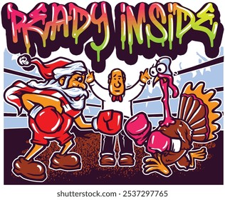 Santa Claus vs. Turkey Boxing Match - Holiday Humor Illustration