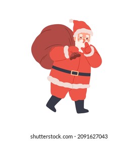 Santa Claus walk with Christmas bag. Happy Xmas character carry big sack of gifts on shoulder. Merry funny old bearded man going with presents. Flat vector illustration isolated on white background