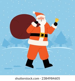 Santa Claus walk with Christmas bag and gold bell on winter forest. Happy old man carry big sack of gifts on shoulder. Vector illustration 
