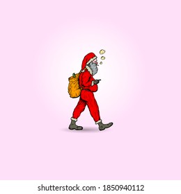 Santa Claus walking around with his backpack for Christmas concept. Hand drawn vector illustration.