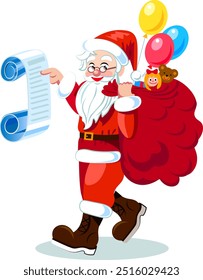 Santa Claus walking with a bag of gifts and a scroll list in cartoon style in full growth Vector
