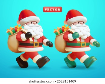 Santa Claus walking carrying gift bag, 3d vector. Suitable for events and design elements